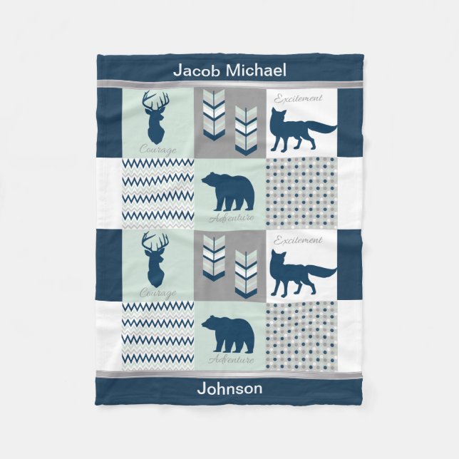 Woodland - Navy Blue, Grey, Mint Green Fleece Blanket (Front)