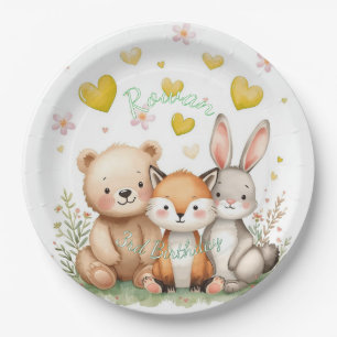 Woodland Neutral Birthday Yellow Hearts Paper Plate