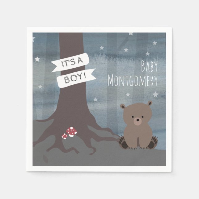 Woodland Night Bear Boy Baby Shower Napkin (Front)