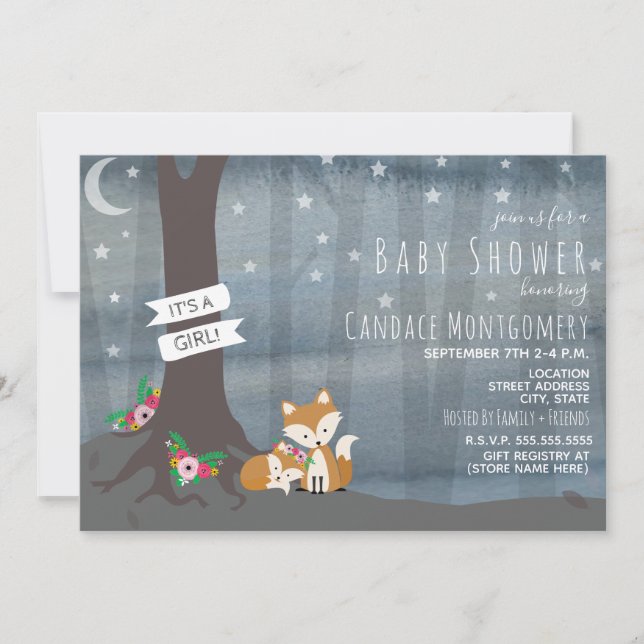 Woodland Night Fox Baby Shower - Girl Invitation (Front)