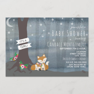 Woodland Night Fox Baby Shower - Girl Invitation