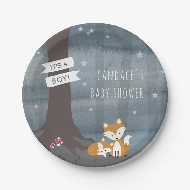 Woodland Night Fox Baby Shower Paper Plate (Front)