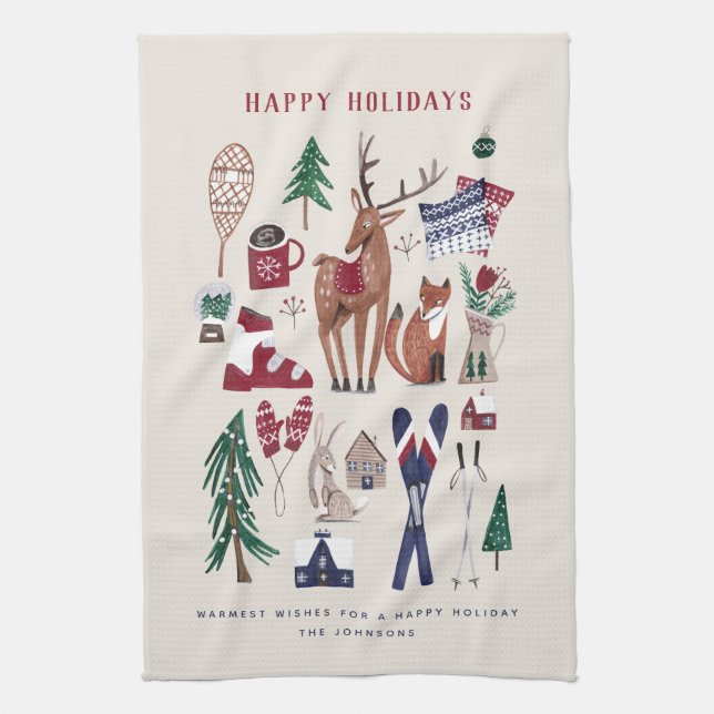 Woodland nordic ski Christmas Kitchen Towel (Vertical)