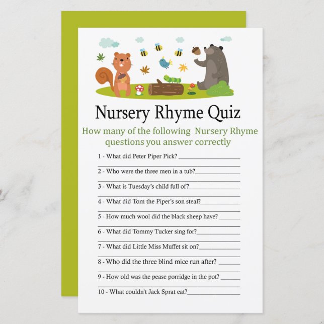 Woodland Nursery Rhyme Quiz baby shower game (Front/Back)