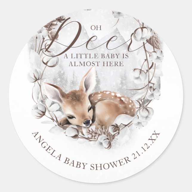 Woodland Oh Deer Winter Baby Shower Classic Round Sticker (Front)