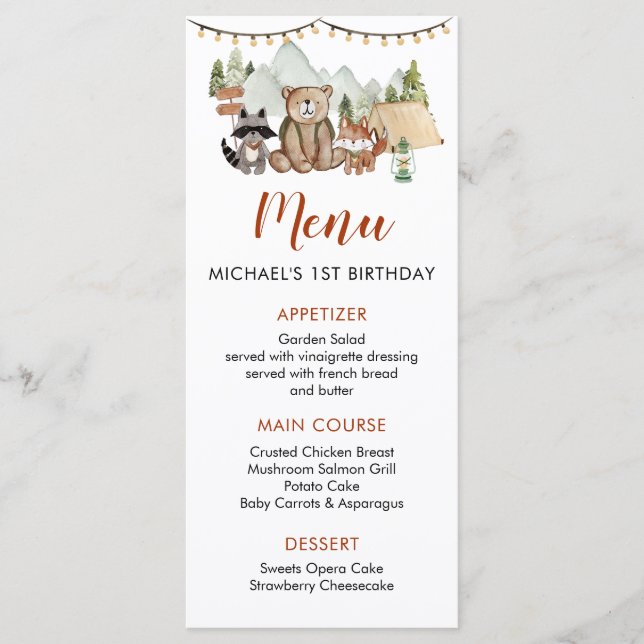 Woodland One Happy Camper First Birthday Menu (Front)