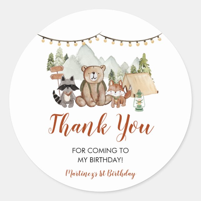 Woodland One Happy Camper First Birthday Thank You Classic Round Sticker (Front)