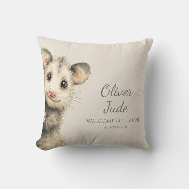 Woodland Opossum Baby • Neutral Nursery Cushion (Front)