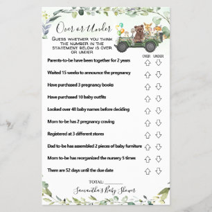 Woodland Over or Under Baby Shower Game card