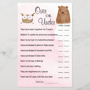 Woodland Over or Under Baby shower game card