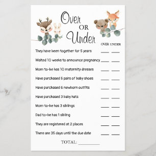 Woodland Over or Under Baby shower game card