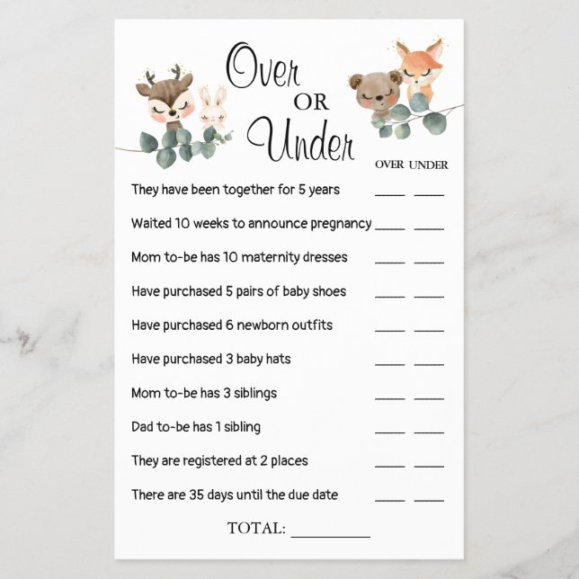 Woodland Over or Under Baby shower game card (Front)