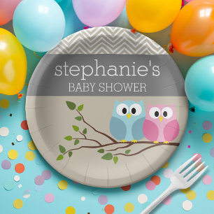 Woodland Owl Baby Girl Boy Gender Reveal Shower Paper Plate