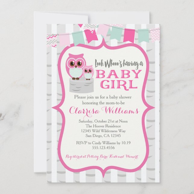 Woodland Owl Baby Girl Shower Invitation (Front)