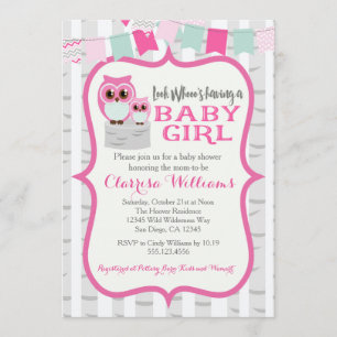 Woodland Owl Baby Girl Shower Invitation