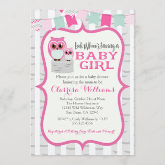 Woodland Owl Baby Girl Shower Invitation
