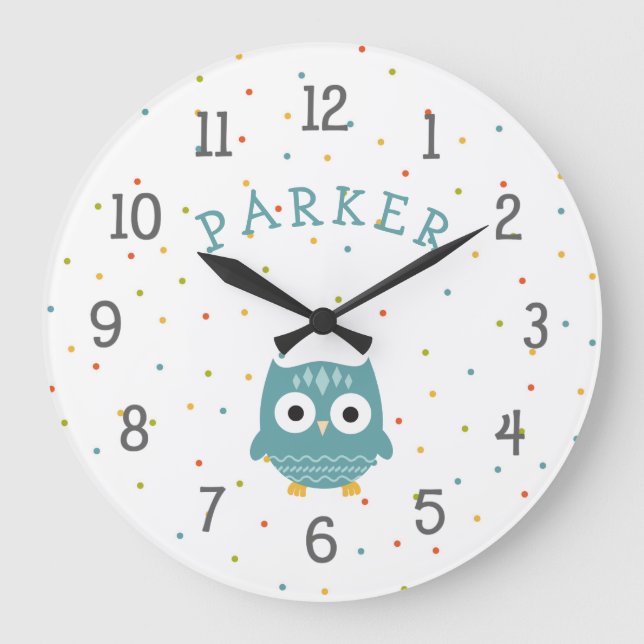 Woodland Owl baby nursery clock with name (Front)