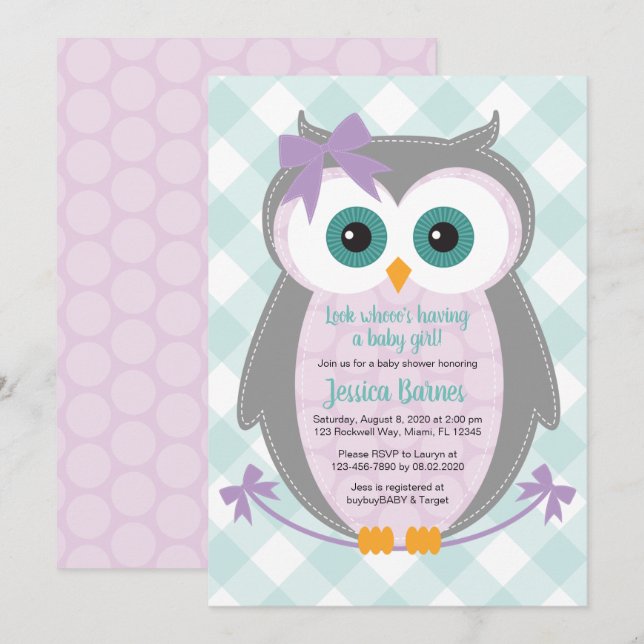Woodland owl baby shower invites girl purple mint (Front/Back)
