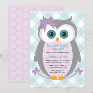 Woodland owl baby shower invites girl purple mint