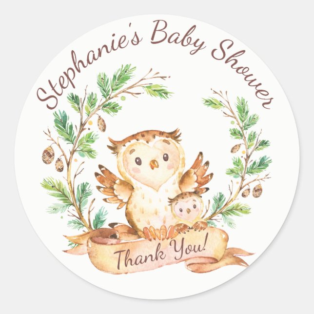 Woodland Owl Baby Shower Thank You Favour Sticker (Front)