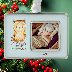 Woodland Owl Baby's 1st Christmas Photo Ornament