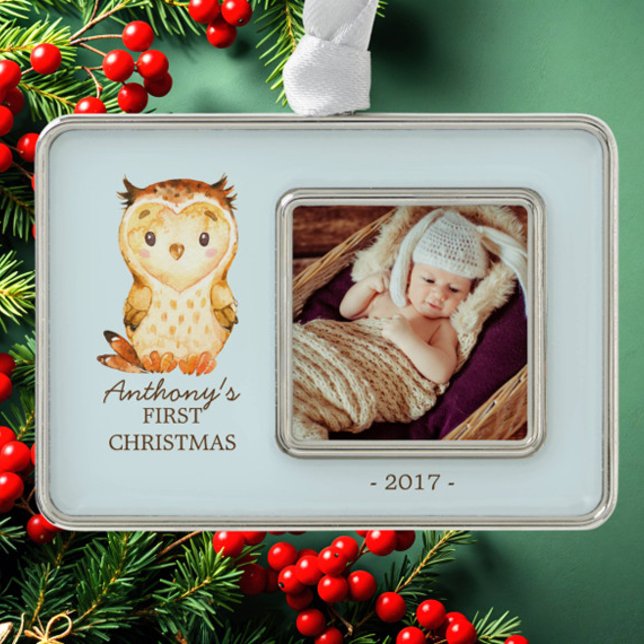 Woodland Owl Baby's 1st Christmas Photo Ornament (Creator Uploaded)