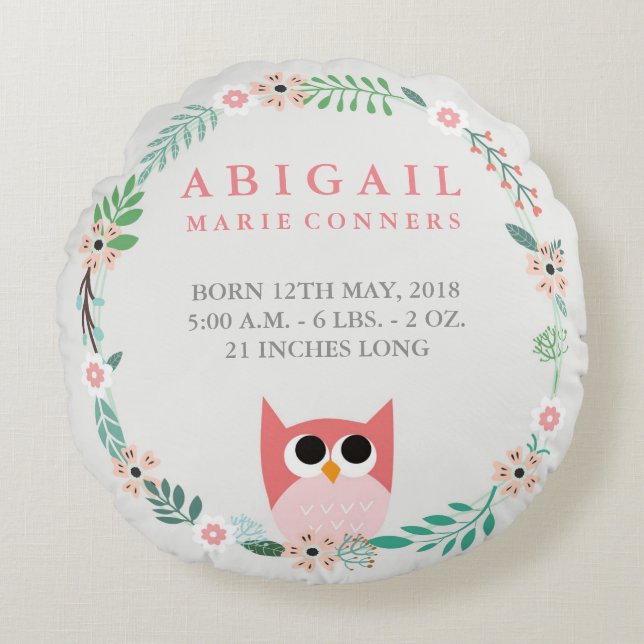 Woodland Owl Birth Stats Round Nursery Pillow (Front)