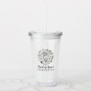 Woodland Owl Botanical Maid of Honour Name Acrylic Tumbler