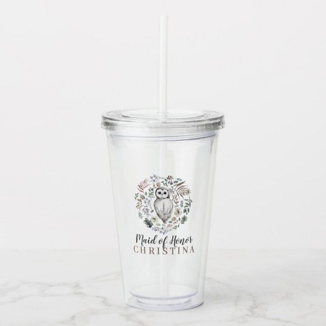 Woodland Owl Botanical Maid of Honour Name Acrylic Tumbler (Front)