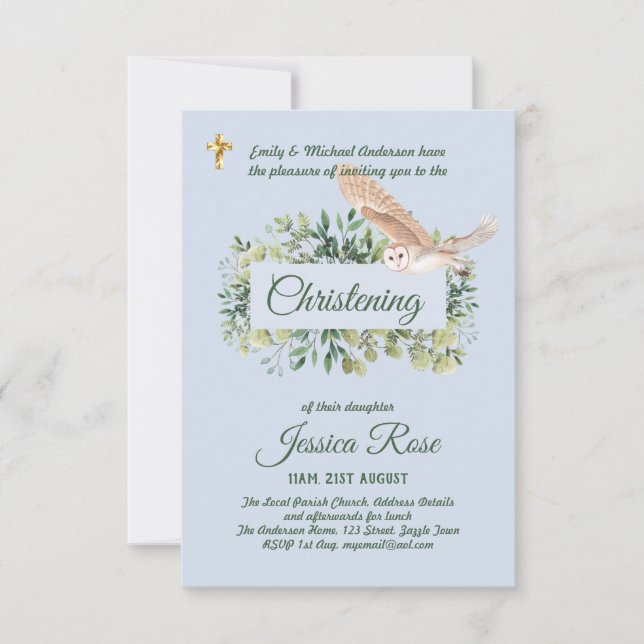 Woodland Owl Boys Christening Invites Baptism  (Front)