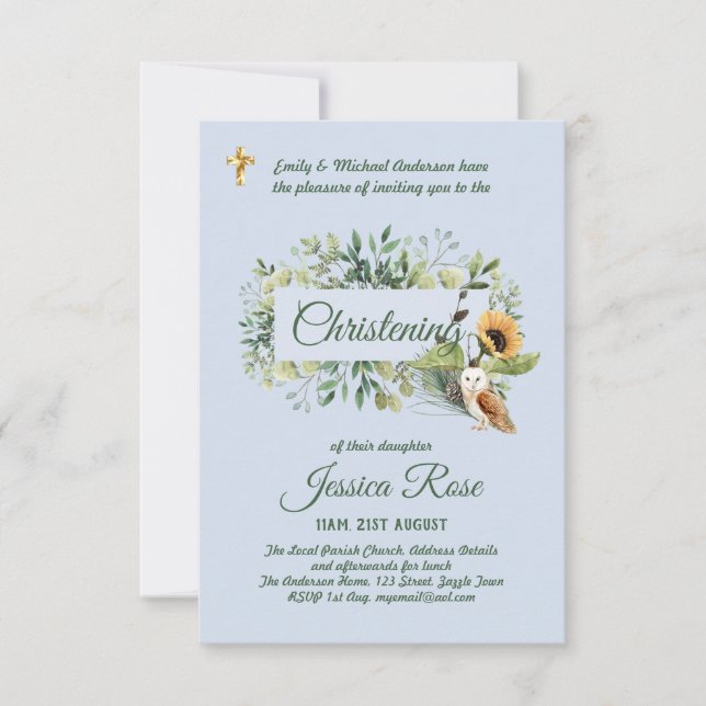 Woodland Owl Boys Christening Invites Baptism  (Front)
