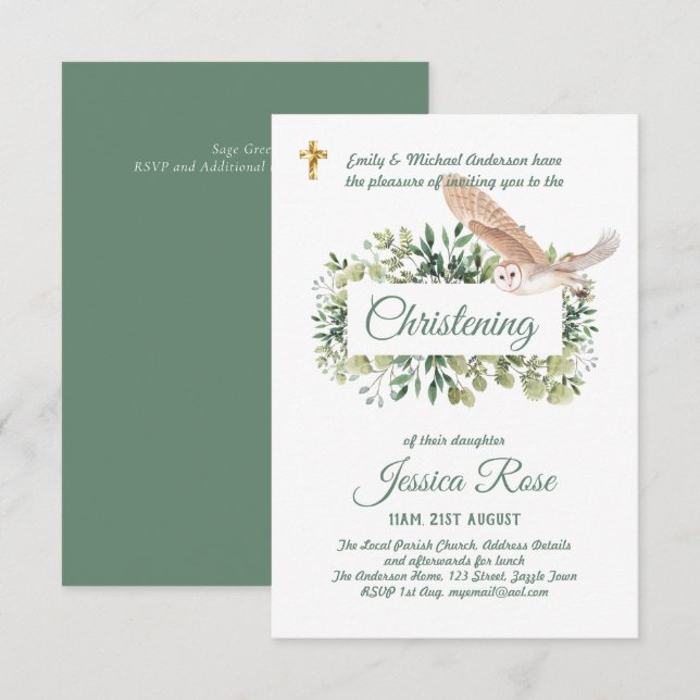 Woodland Owl Christening Invites Baptism  (Front/Back)
