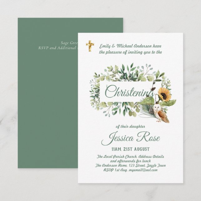Woodland Owl Christening Invites Baptism  (Front/Back)