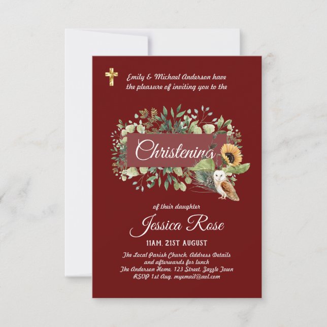 Woodland Owl Christening Invites Baptism  (Front)