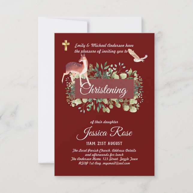 Woodland Owl Deer Christening Invites Baptism  (Front)