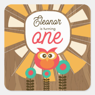 Woodland Owl First Birthday Invitation – One Year  Square Sticker