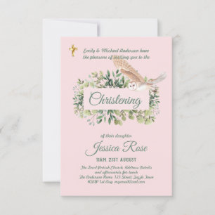 Woodland Owl Girls Christening Invites Baptism