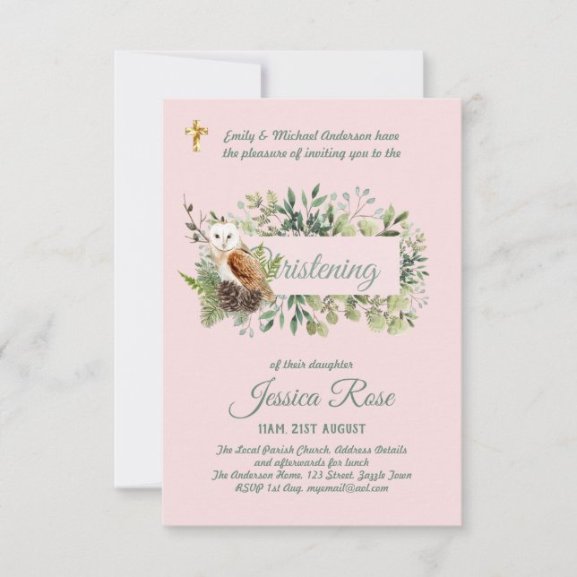 Woodland Owl Girls Christening Invites Baptism  (Front)