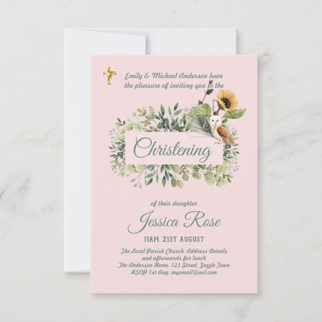 Woodland Owl Girls Christening Invites Baptism  (Front)