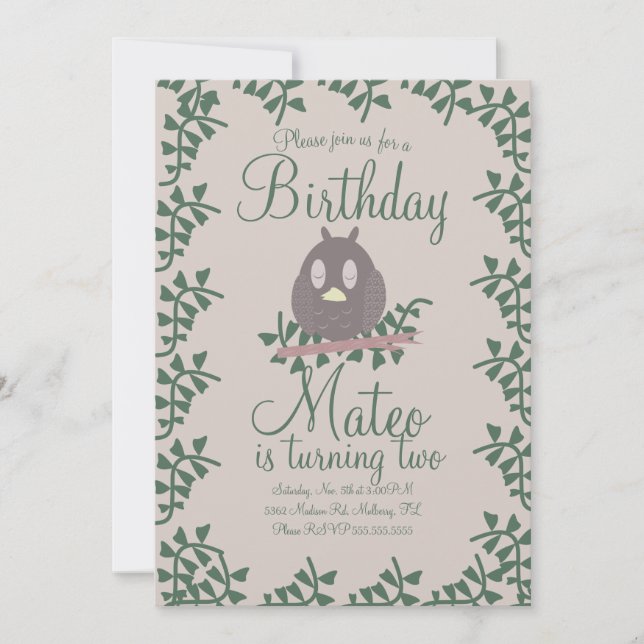 Woodland Owl Greenery Birthday Party Rustic  Invitation (Front)