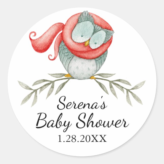 Woodland Owl in Red Scarf Baby Shower Classic Round Sticker (Front)