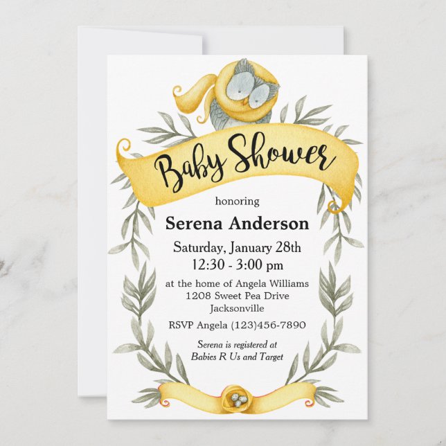Woodland Owl in Yellow Scarf Baby Shower Invitation (Front)