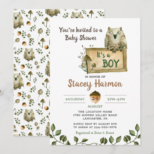 Woodland Owl It's A Boy Baby Shower Invitation (Front/Back)