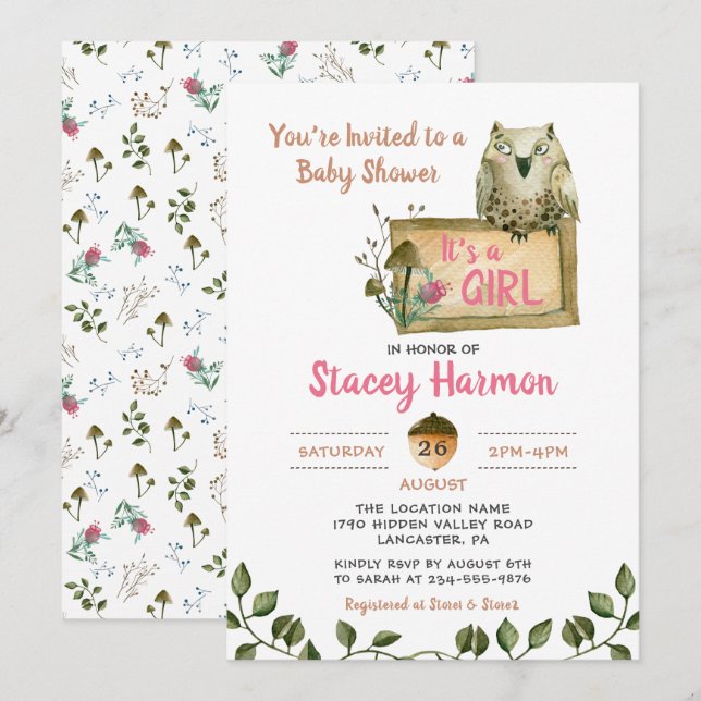 Woodland Owl It's A Girl Baby Shower Invitation (Front/Back)