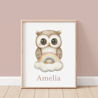 Woodland Owl On A Boho Rainbow Nursery Wall Poster