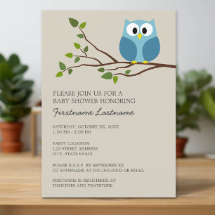 Woodland Owl on Branch Baby Shower Invitation