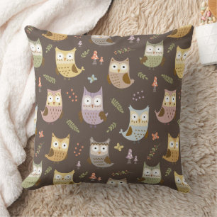 Woodland Owl Pattern, Brown Cushion
