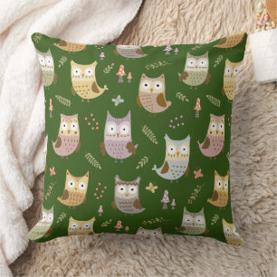 Woodland Owl Pattern, Green Cushion