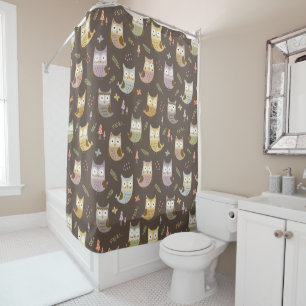 Woodland Owl Pattern, Kids Brown Bathroom Shower Curtain