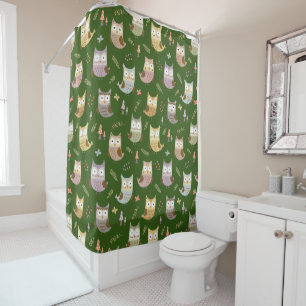 Woodland Owl Pattern, Kids Green Bathroom Shower Curtain